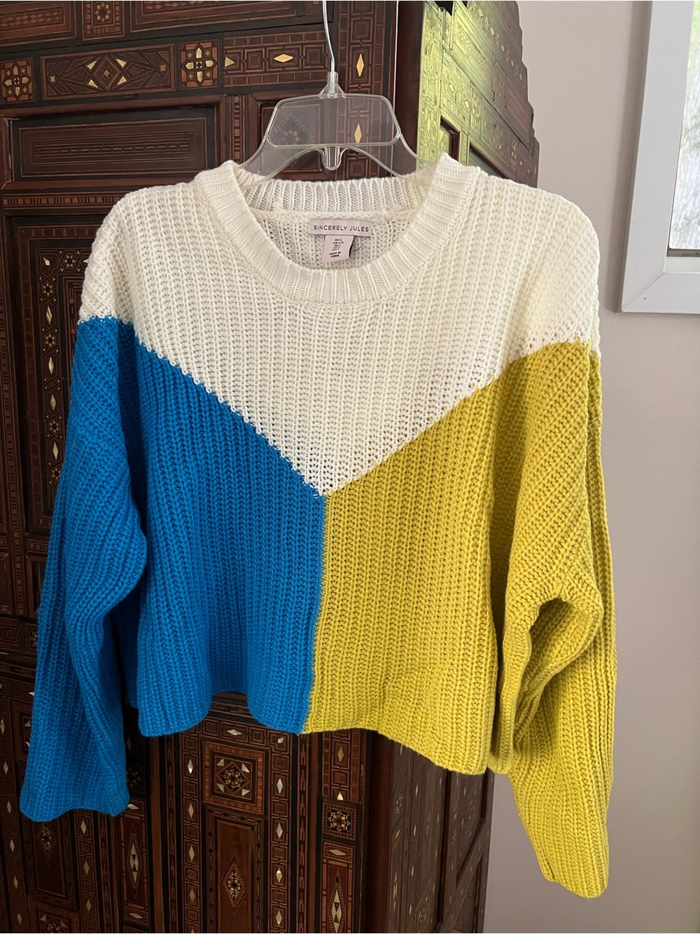 Sincerly Jules Colorblock Cropped Crewneck Sweater - Blue/White/Yellow-Green